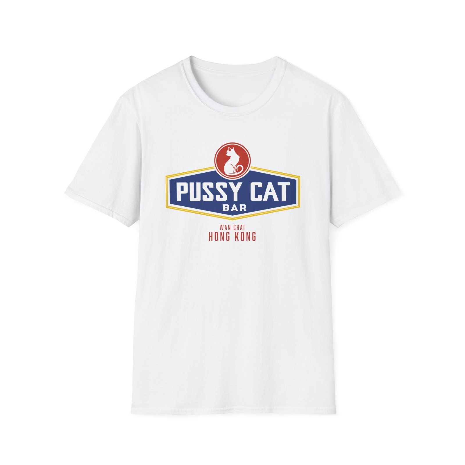 Pussy Cat Bar, Wan Chai, Unisex Softstyle Black Print on Light T-Shirt - Image 17