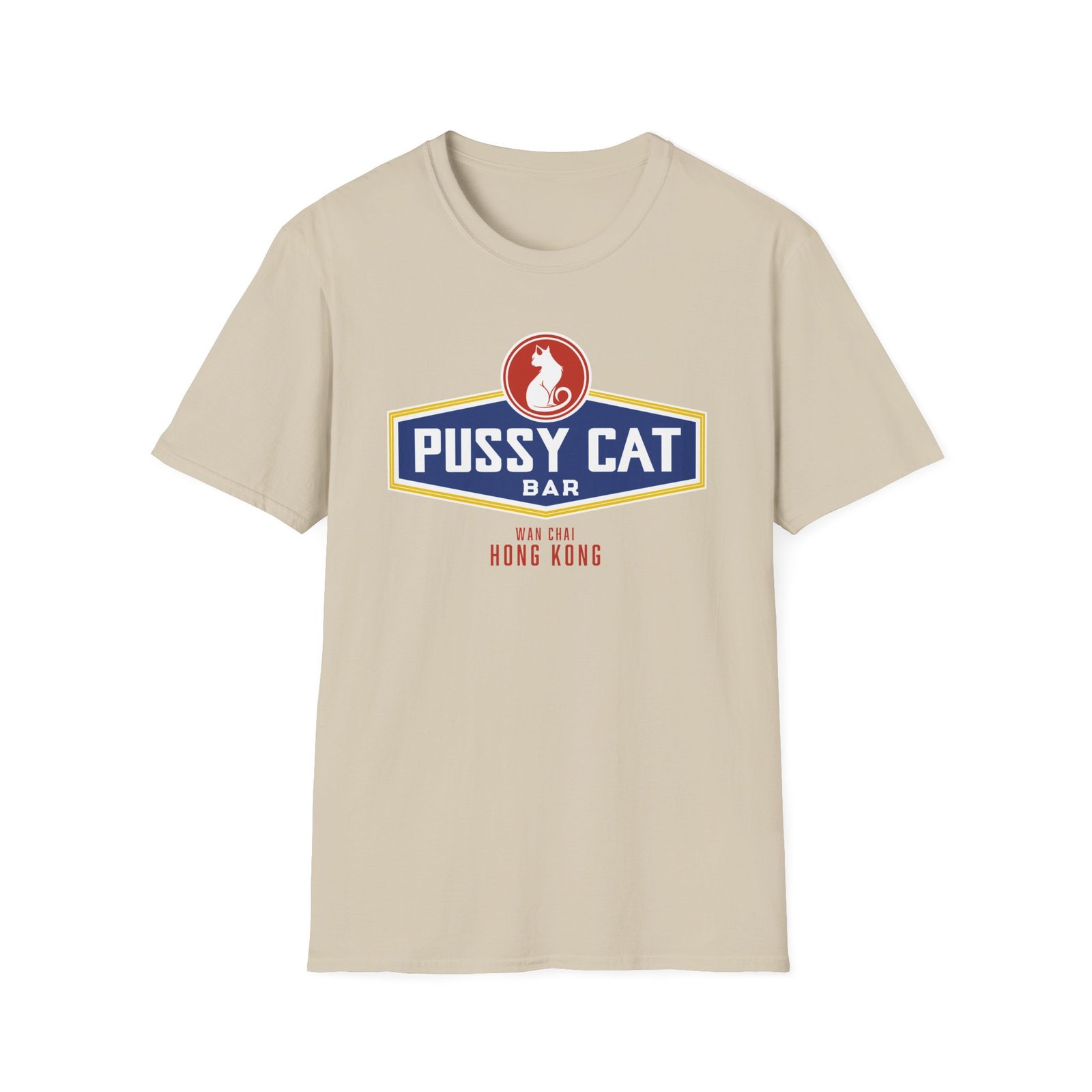 Pussy Cat Bar, Wan Chai, Unisex Softstyle Black Print on Light T-Shirt