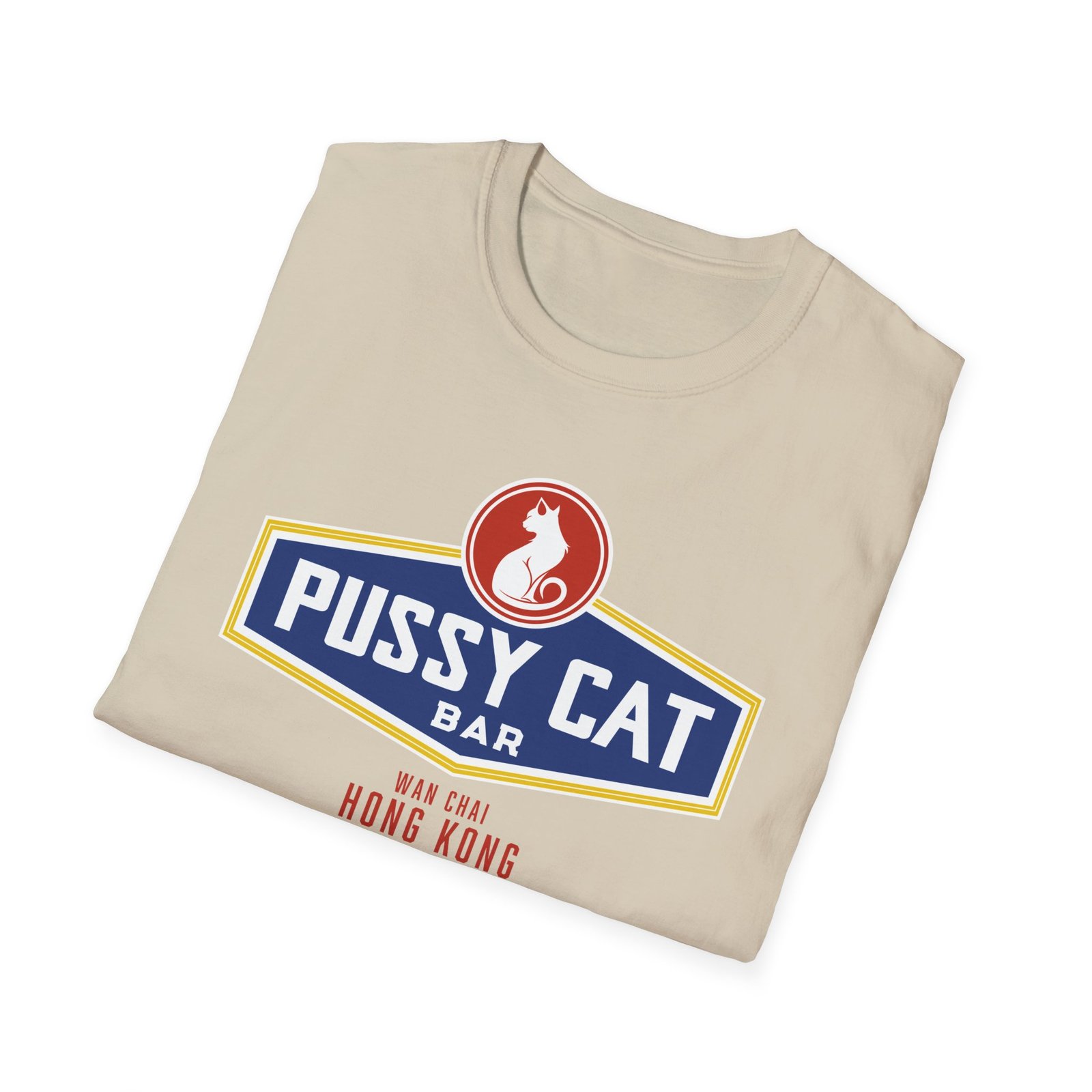 Pussy Cat Bar, Wan Chai, Unisex Softstyle Black Print on Light T-Shirt - Image 4