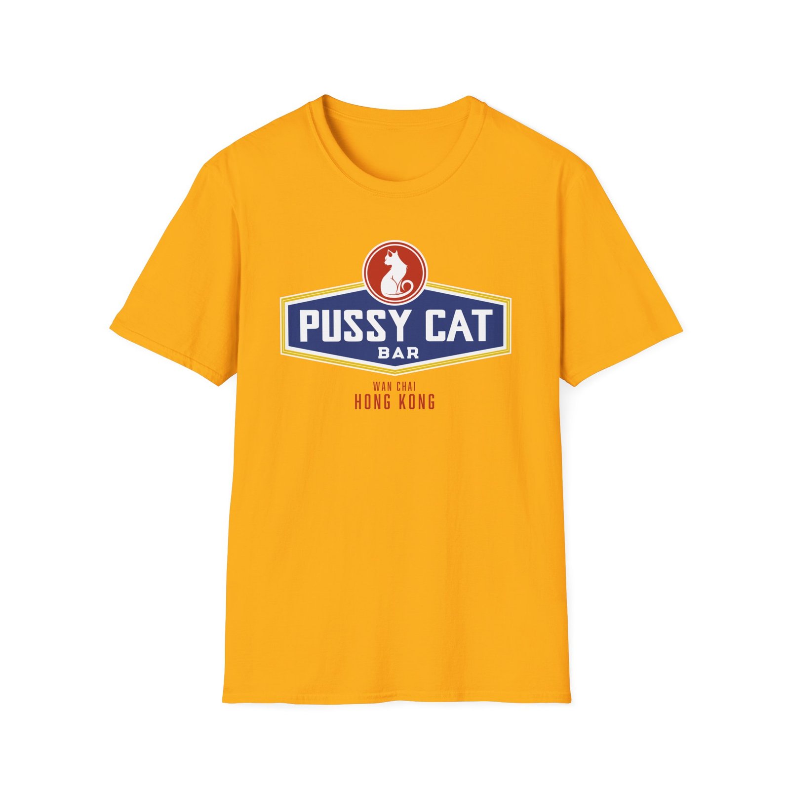 Pussy Cat Bar, Wan Chai, Unisex Softstyle Black Print on Light T-Shirt - Image 9