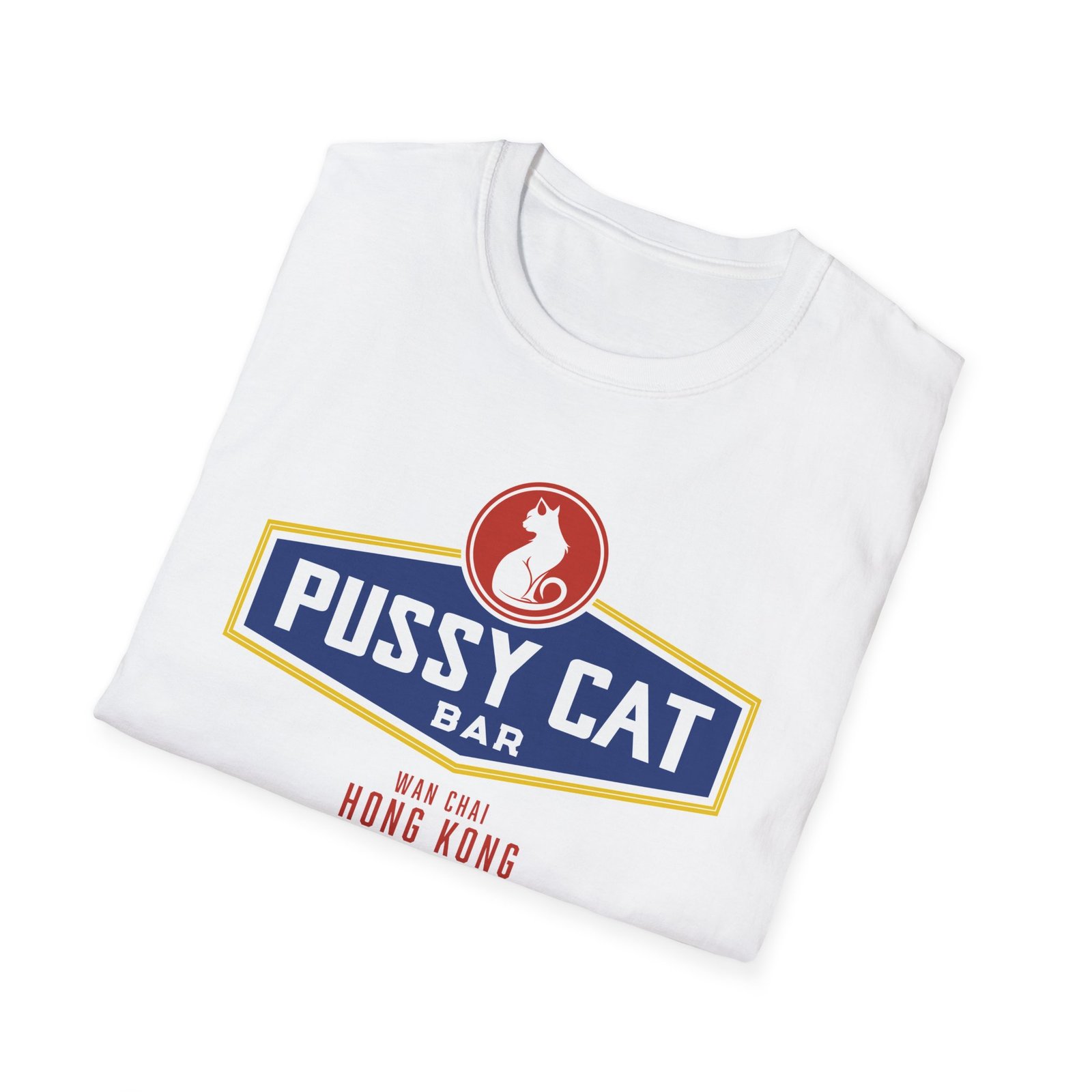 Pussy Cat Bar, Wan Chai, Unisex Softstyle Black Print on Light T-Shirt - Image 20