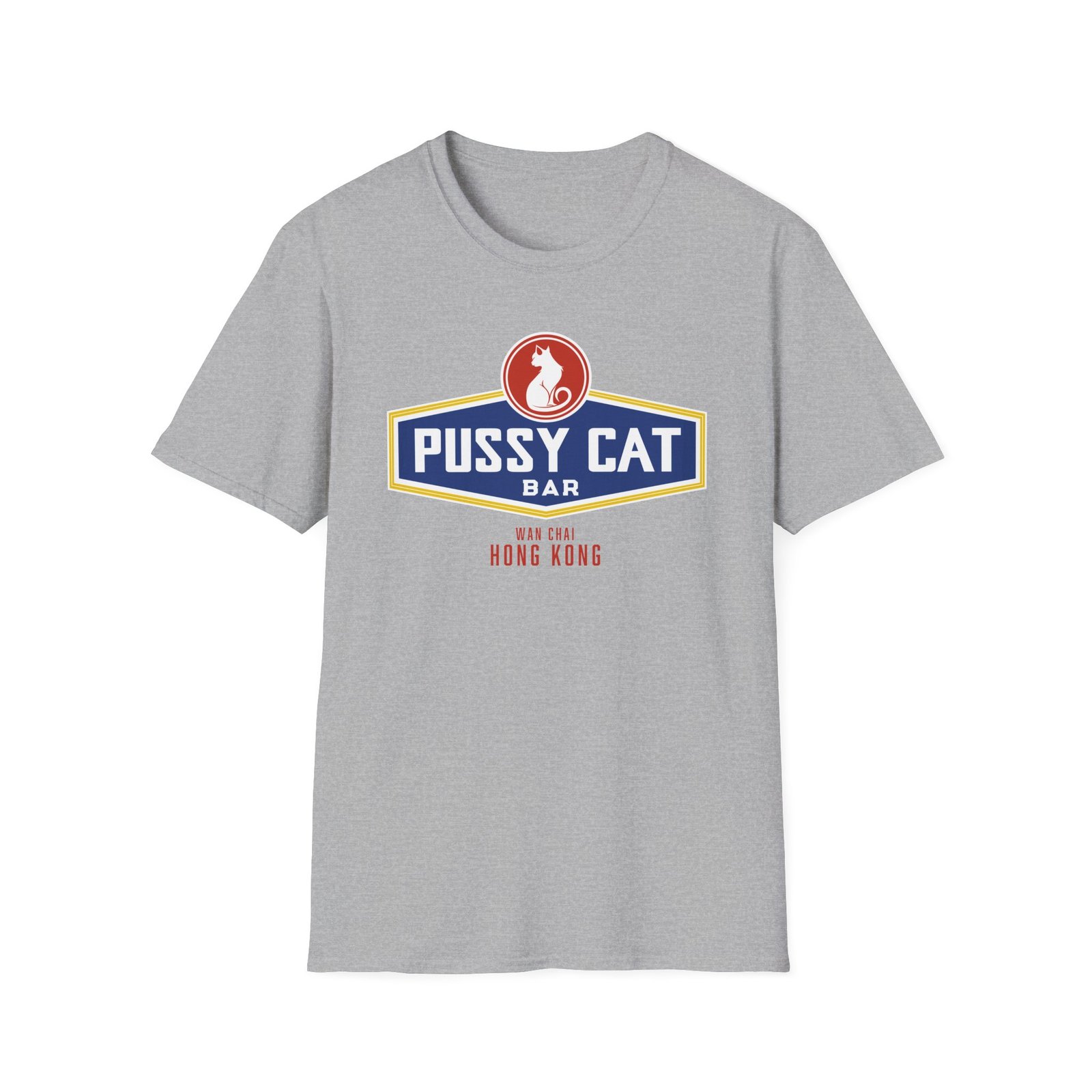 Pussy Cat Bar, Wan Chai, Unisex Softstyle Black Print on Light T-Shirt - Image 5