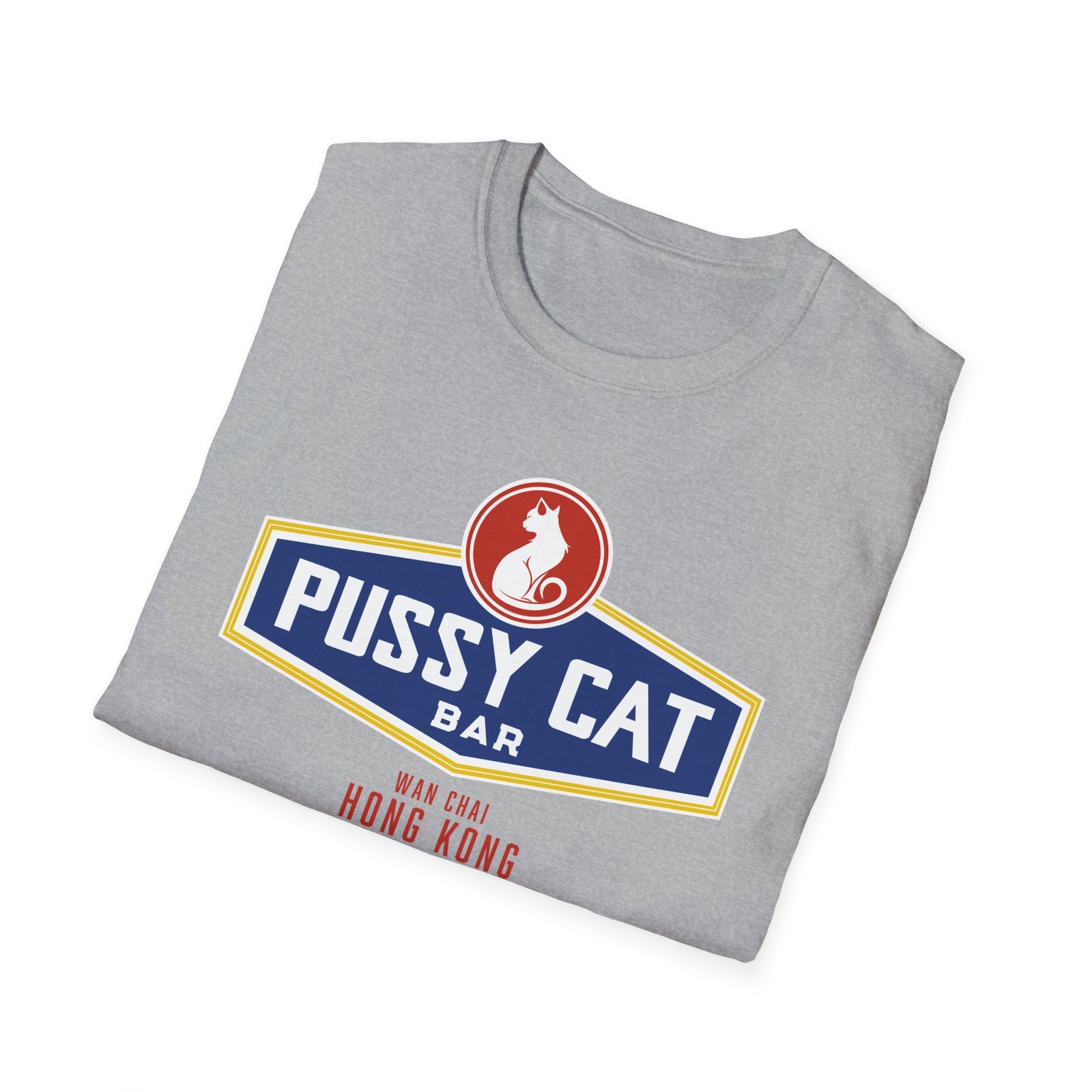 Pussy Cat Bar, Wan Chai, Unisex Softstyle Black Print on Light T-Shirt - Image 8